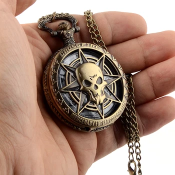 

Vintage Bronze Steampunk Quartz Pocket Watch Hollow Carribean Pirate Skull Head Horror with Chain for Men Women Pendant necklace
