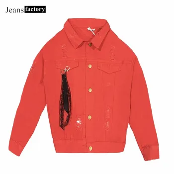 

2019 Spring Autumn Korean BF Wind Loose Coat Women Red Denim Hole jeans Jacket Long Sleeve Streetwear Harajuku Denim jacket new