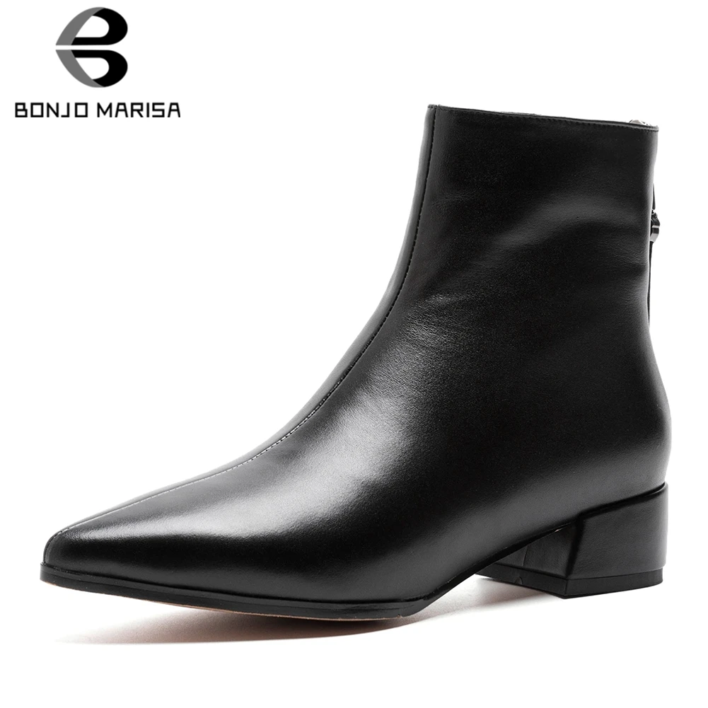 

BONJOMARISA New Genuine Cow Leather Chunky Heels Winter Boots Woman Shoes Zipper Black White Ankle Boots Female Shoes Woman