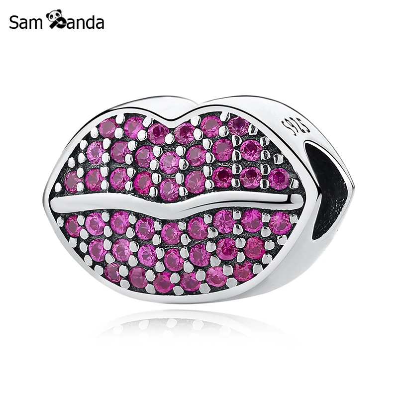 Authentic 925 Sterling Silver Bead Pave Red Crystal Lips Charms Fit