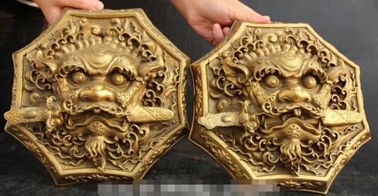 

0 9" Chinese Fengshui Bronze Animal Lion Head Sword Door Knocker Pair Statue