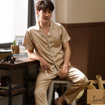 

New Summer Spring 100% Silk Short Sleeve Men's Pajamas Set Turn-down Collar Comfortable Soft Loose Plus Size L-XXXL Male Pyjamas