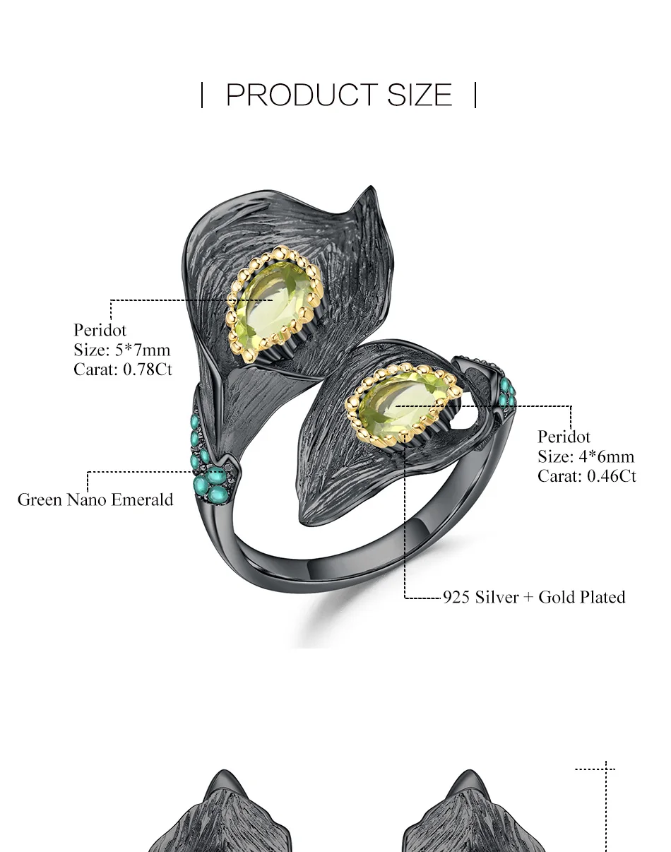 GEM'S балетные 925 пробы серебро ручной работы калла лилия набор украшений для женщин 2.83Ct натуральный Перидот кольцо серьги драгоценный камень наборы