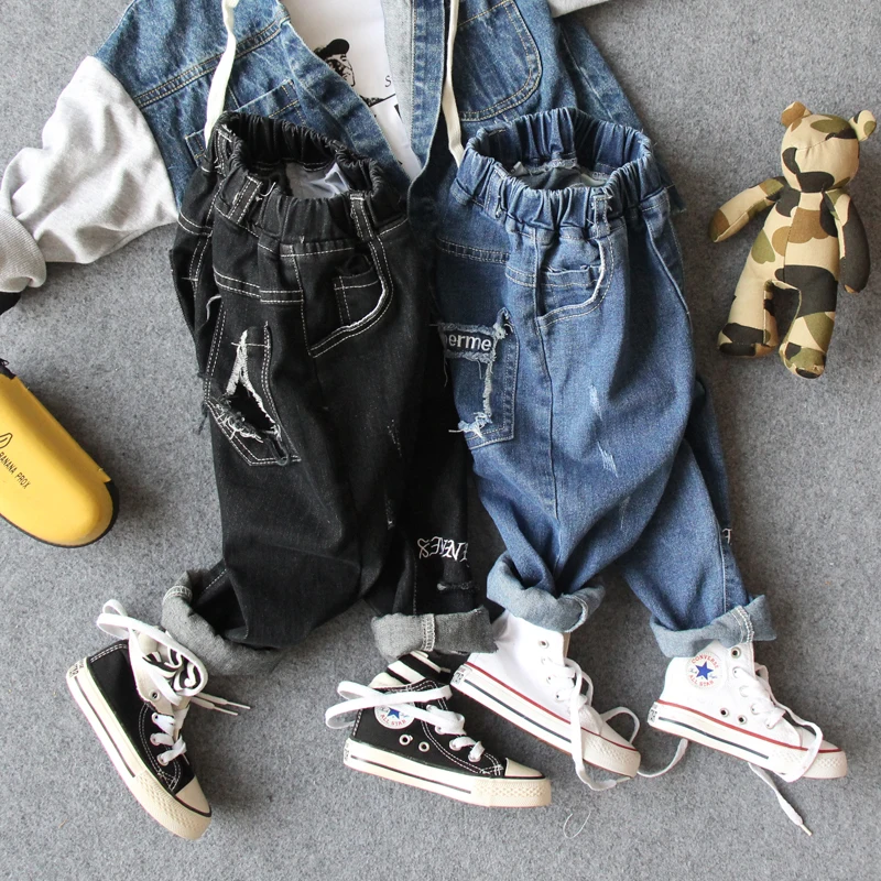 

2-8Y new 2019 spring letter hole boys denim pants fashion style spring boys jeans kids clothing kids boys jeans long length