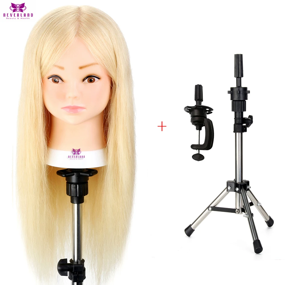 100 Real Human Hair Girl Training Mannequin Head With Tripod Stand
