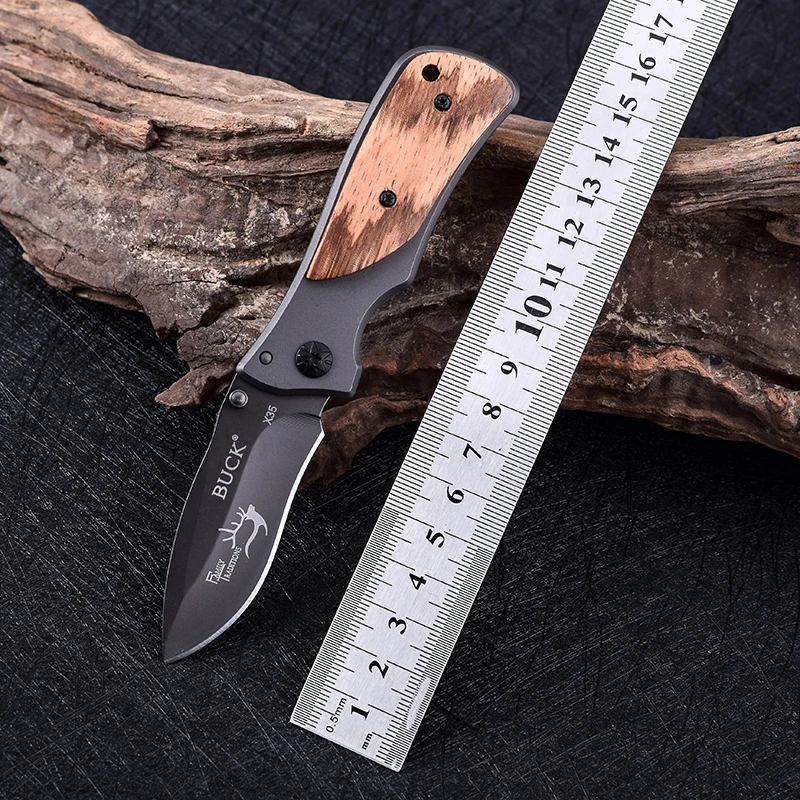 X35 Mini Folding Pocket Knife Stainless Steel Blade Wood Handle Tactical Survival Camping Knives