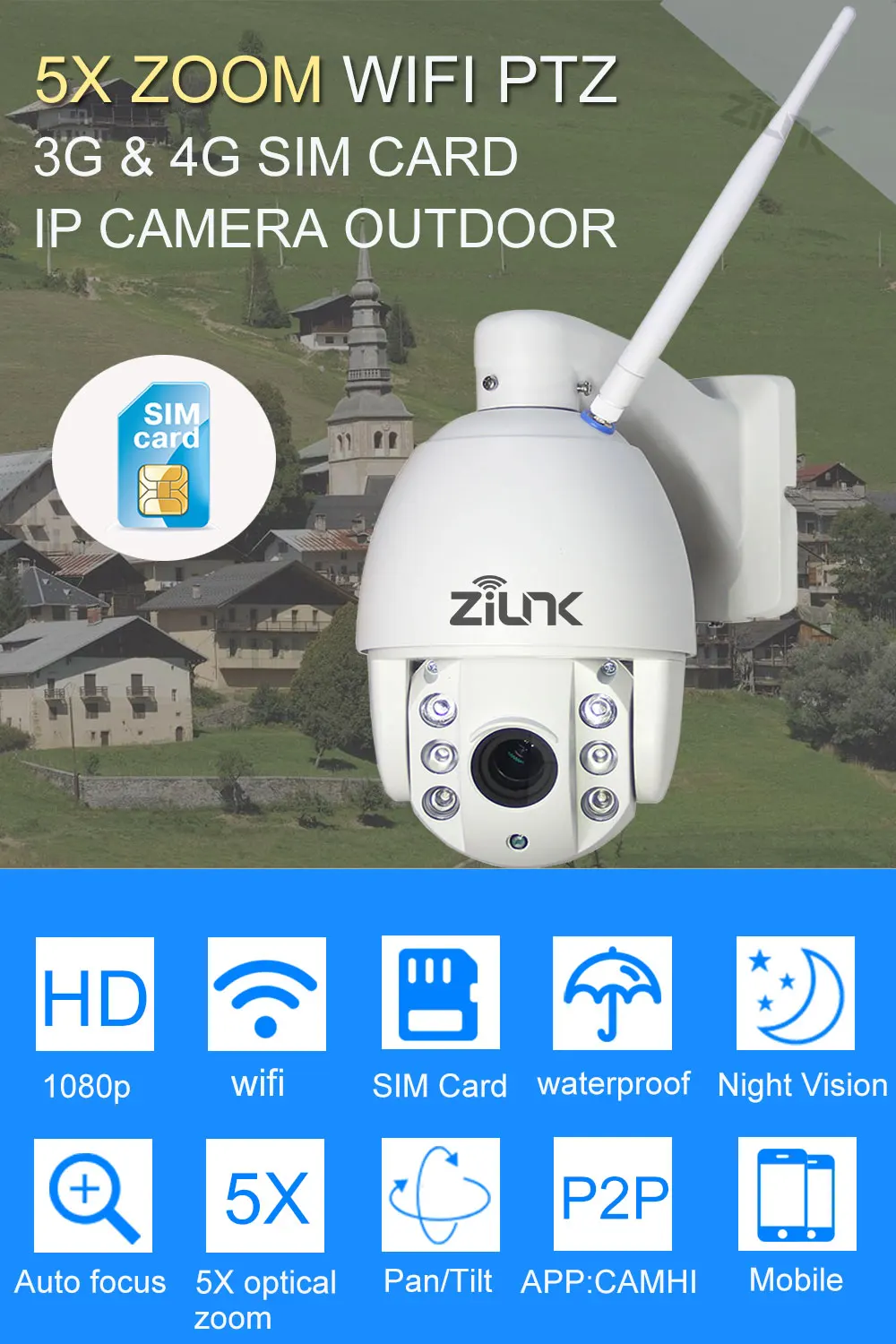 ZILNK 3G 4G SIM Card Outdoor PTZ Dome IP Camera 1080P 2.7-13.5mm Auto Zoom Night Vision 60m CCTV Security Wireless WIFI Camera