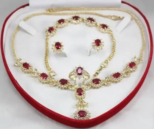 

18GP red ruby Necklace Bracelet Earring Ring 6#-9# ^^^@^18K GP style Fine jewe Noble Natural jade (A0424)
