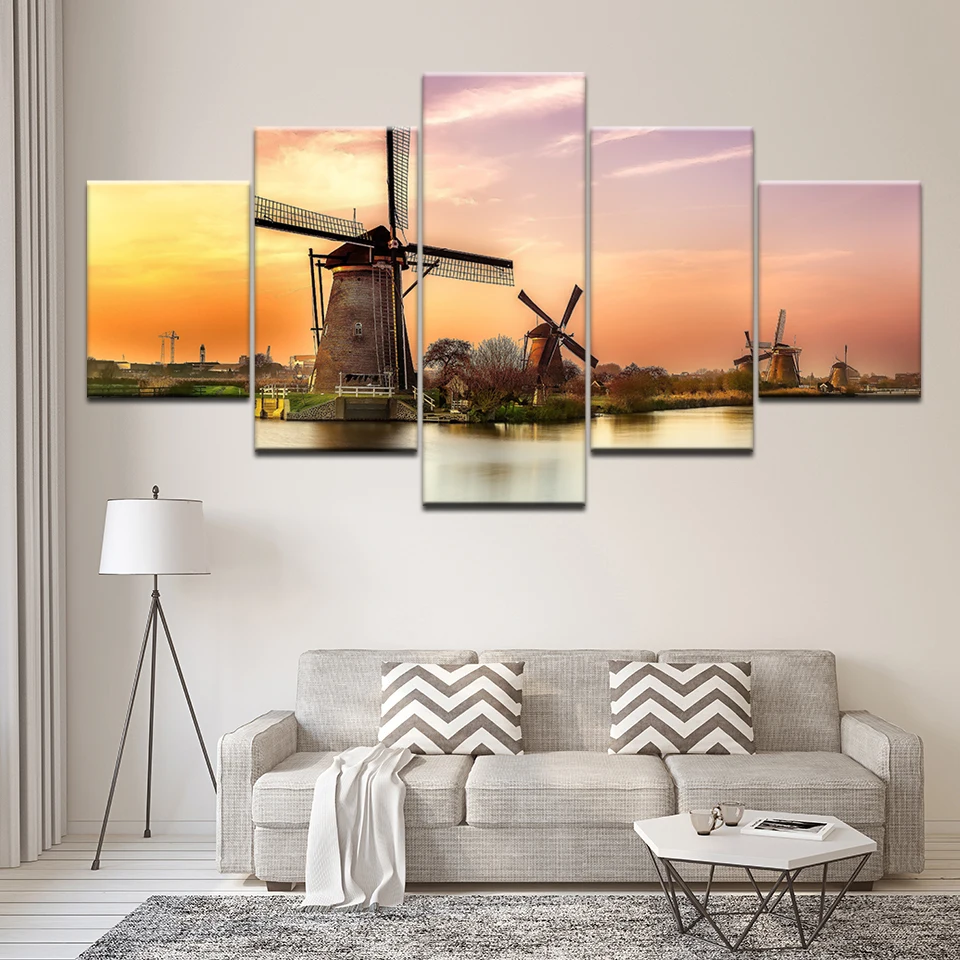 Canvas Painting Dutch factory Kinderdijk windmill 5 Pieces Wall Art Modular Wallpapers Poster Print Home Decor | Дом и сад