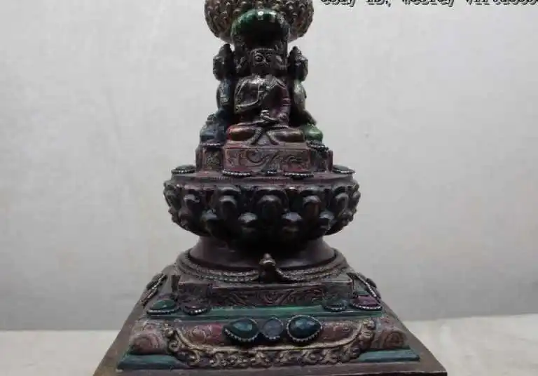 

11 Tibet temple Copper painted inlay ruby emerald Sakyamuni Buddha Pagoda stupa