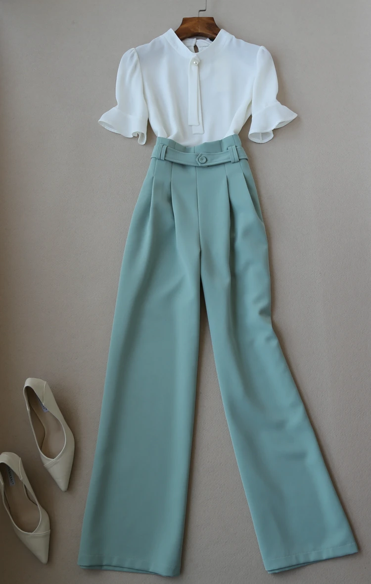 

FREE SHIPPING New Women Summer Short Sleeve Chiffon Blouse and Wide Leg Full Lenth Trousers OL Set