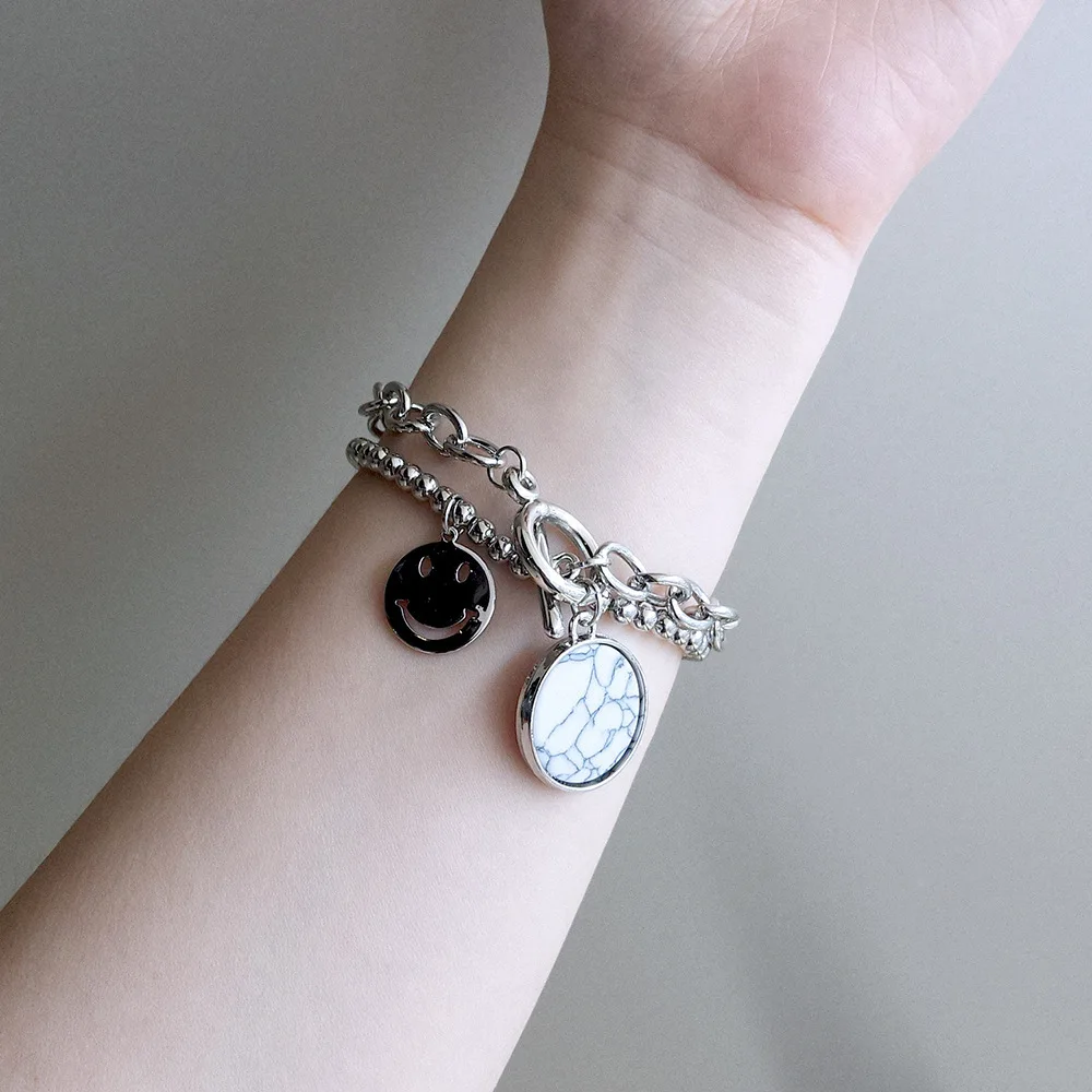 

Korean Fashion pattern pendant OT buckle bracelet silver smiley two-piece combination bracelet