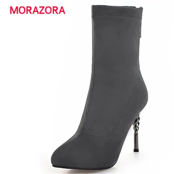

MORAZORA big size fashion super high heel ladies boots pointed toe stiletto heel knight boots cpmfortable short plush boots
