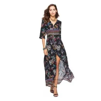 Женское длинное платье с цветочным принтом Boho богемное Свободное v образным