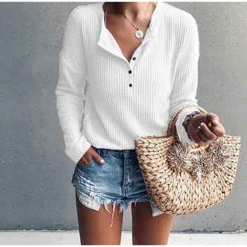 

Women's Knitted Pullover Shirts Top Long Sleeve V-Neck Button Black Female Blouse 2020 Autumn Solid Plus Size Women Jumper Tops