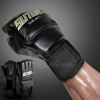 

Mens Black Mittens Gloves Muay Thai Half Mitts Gloves Gym MMA