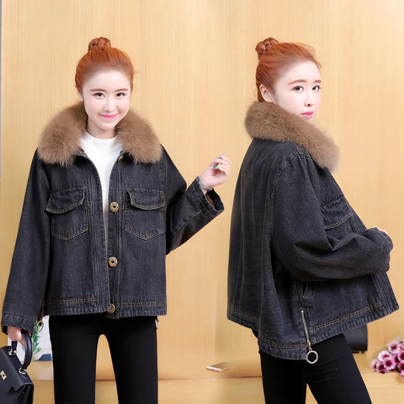 

Black Boyfriend Denim Jacket Autumn Womens Jackets and Coats Thick Cotton Loose Single Fur Buttom Breasted Casual Jacket