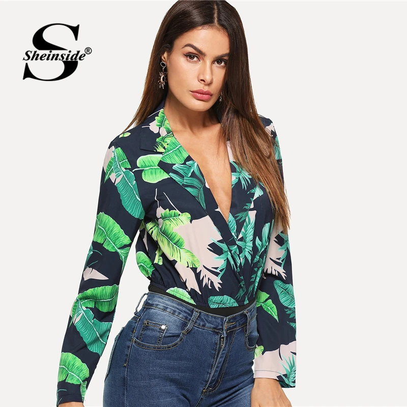 Sheinside Tropical Print Office Lady Bodysuit Multicolor V Neck Mid Waist Long Sleeve Elegant 2018 Women Autumn Casual Bodysuits