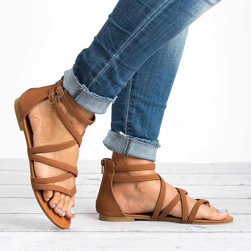 Для женщин обувь на плоской подошве; Летняя обувь; модная обувь Повседневное в римском стиле, с открытым носком; пляжные сандалии на молнии, обувь на плоской подошве# g2