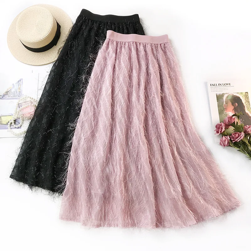 

Wasteheart Black Blue Women Skirt High Waist A-Line Ankle-Length Long Skirt Sexy Skirt Plus Size Empire Casual Mesh Feather
