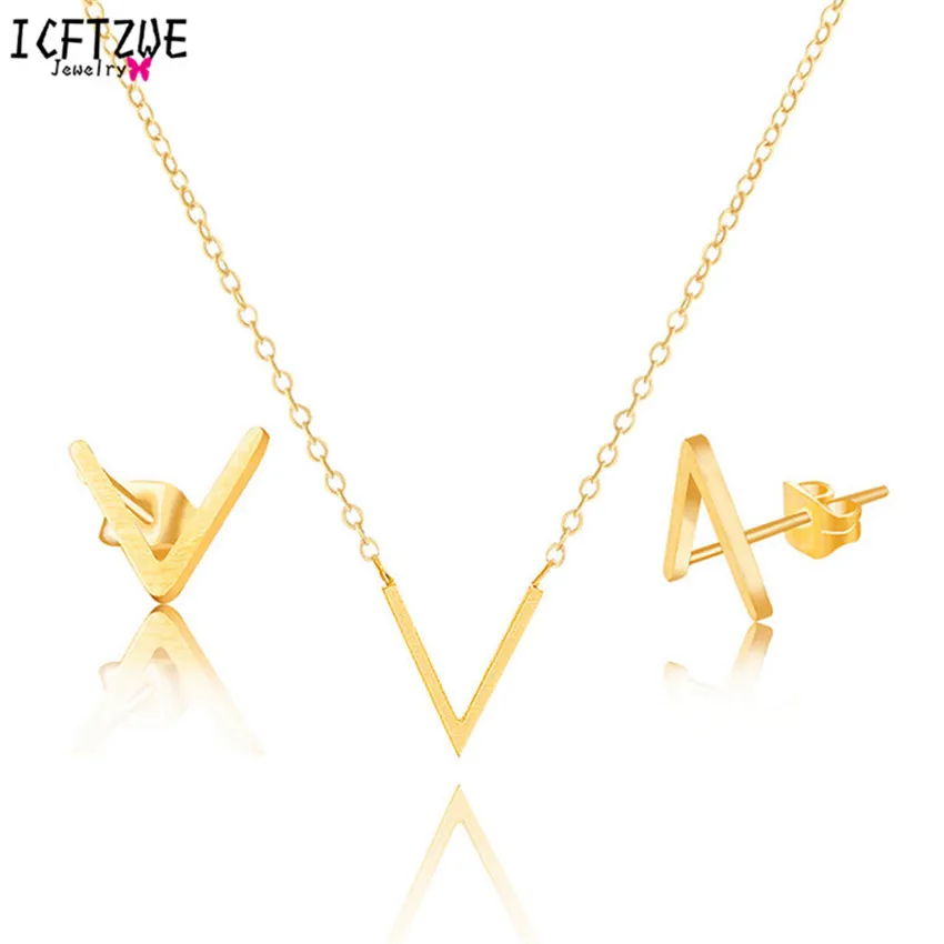 

ICFTZWE Stainless Steel Earrings For Women Cuban Link Chain Jewelry Sets Collier Chains Chevron V Necklace Pendientes Mujer