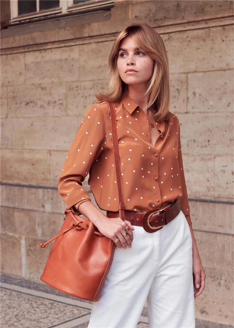 

Elegant Women Tops Blouses 2019 Autumn Long Sleeve Print 100% Silk Female Blouse Retro Polka Dot Buckled Shirt