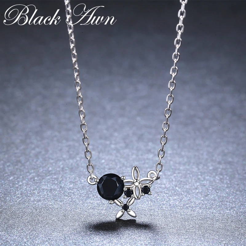[BLACK AWN] Trendy Silver Color Necklace for Women Flower Black Spinel Necklaces Pendants Fashion Jewelry K035