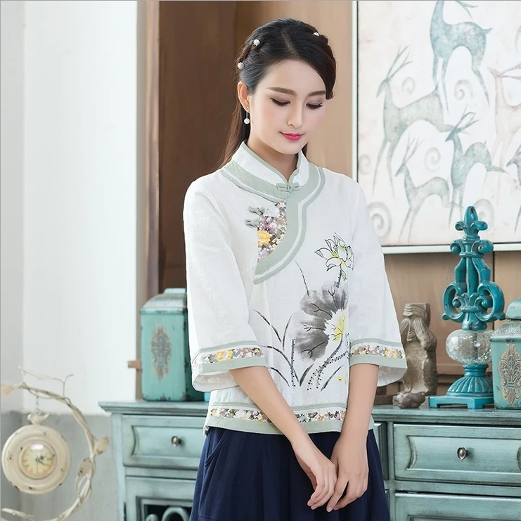 

2017 summer collar collar printed seven sleeves to modify the shirt woman