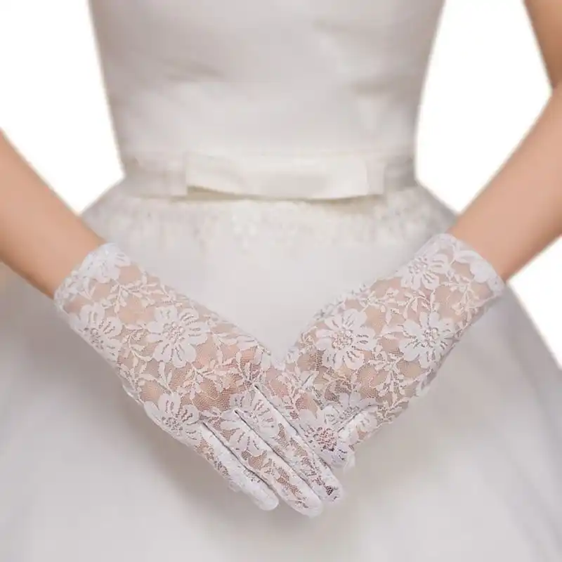 2 Pairs Short Lace Gloves Bridal Wedding Wrist Lace Gloves Vintage Sunscreen Floral Gloves for Women Girls