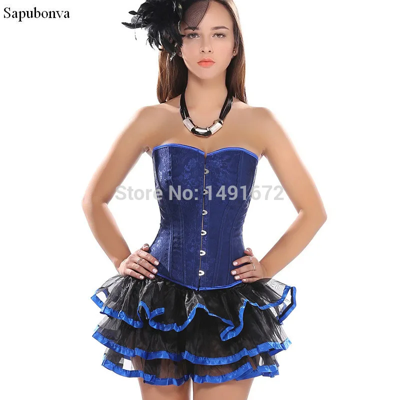 Sapubonva gothic blue lace corset dress plus size bustier women waist