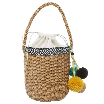 

Women Tassel Ball Straw Bags Female Summer Beach Handbag 2019 Ladies Handmade Popular Vintage Rattan Totes Fashion Bucket Bags