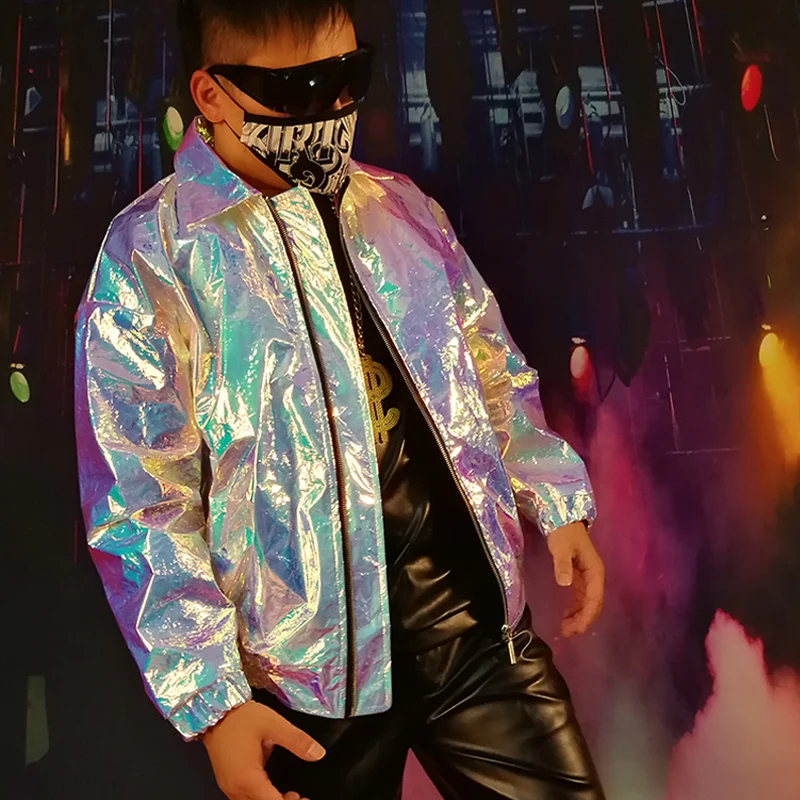 

Men Cool Laser Silver Jacket Custom Made Party Stage Costume Male Streetwear Fashion Hip Hop Coat