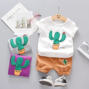 

2019 Summer Baby Boys Cactus Print Short Sleeve T-shirt Tops + Casual Shorts Girls Cotton Sport Clothing Sets Kids 2Pcs Suits
