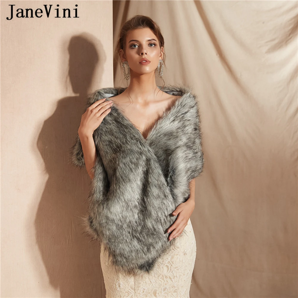 

JaneVini Elegant Gray Warm Short Faux Fur Stole Bridal Wraps Winter Soft Women Prom Party Shawls Cloak Bride Wedding Accessories