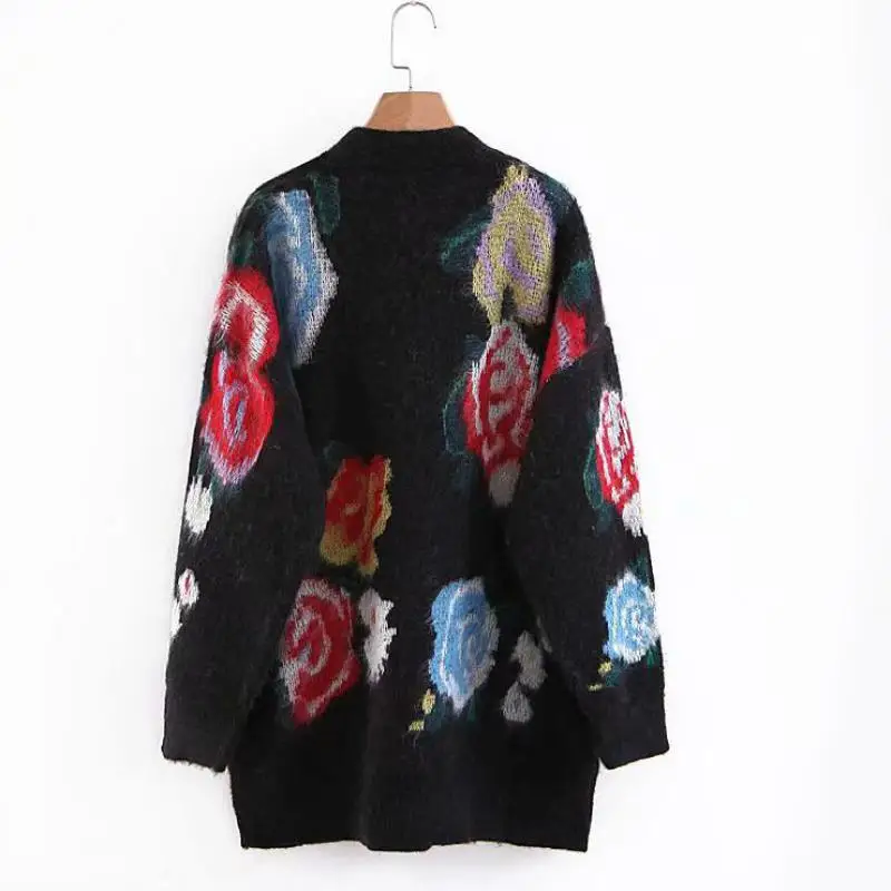 Cardigan 2018 Chandail Mode Manteau Black Rose De Couleur Contraste Fleur Longues Hiver cou V Noir pink Joker Manches Femmes Mohair Et Uswmie AArTq