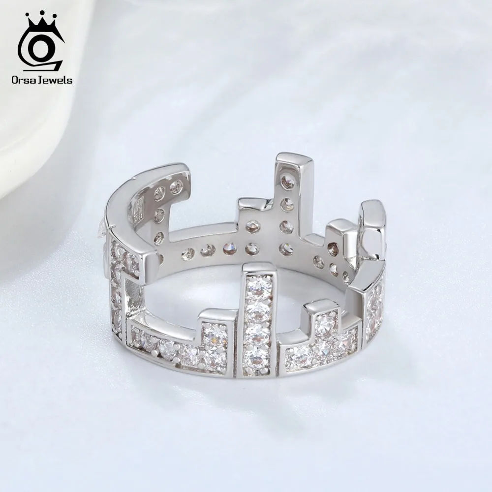 ORSA JEWELS Men Rings Irregular Original Pattern AAA CZ Ring Women Unique Vintage New Year Party Silver Color Jewelry OR173