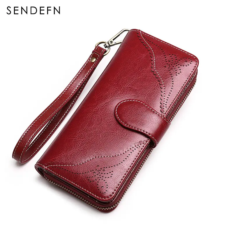 

European Vintage Split Leather Women Purse Card Holder Large Capacity Money Bag Zip Women Wallets Long Coins strap For iPhone 7