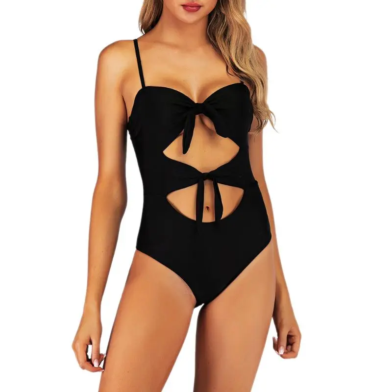 

Women Sexy One Piece Bikini Spaghetti Straps Vintage Leopard Monokini High Waist Tie Knot Front Swimsuit Hollow Out Bathing Suit