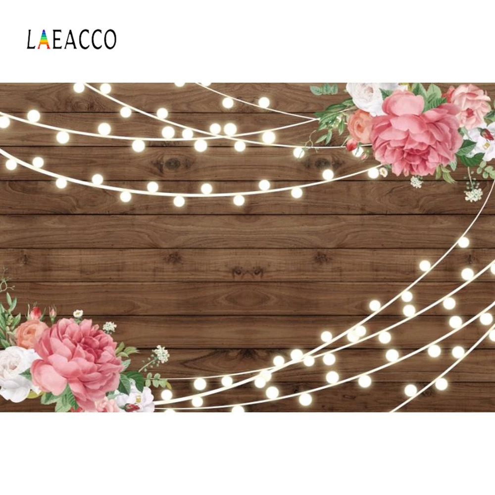 

Laeacco Yellow Wooden Board Lights Flower Wedding Birthday Photocall Customized Photography Background Digital Photo Studio