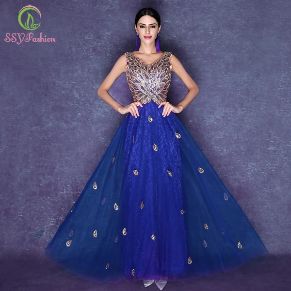 2019 new SSYFashion Grace Royal  Blue  Long Evening  Dress  V 