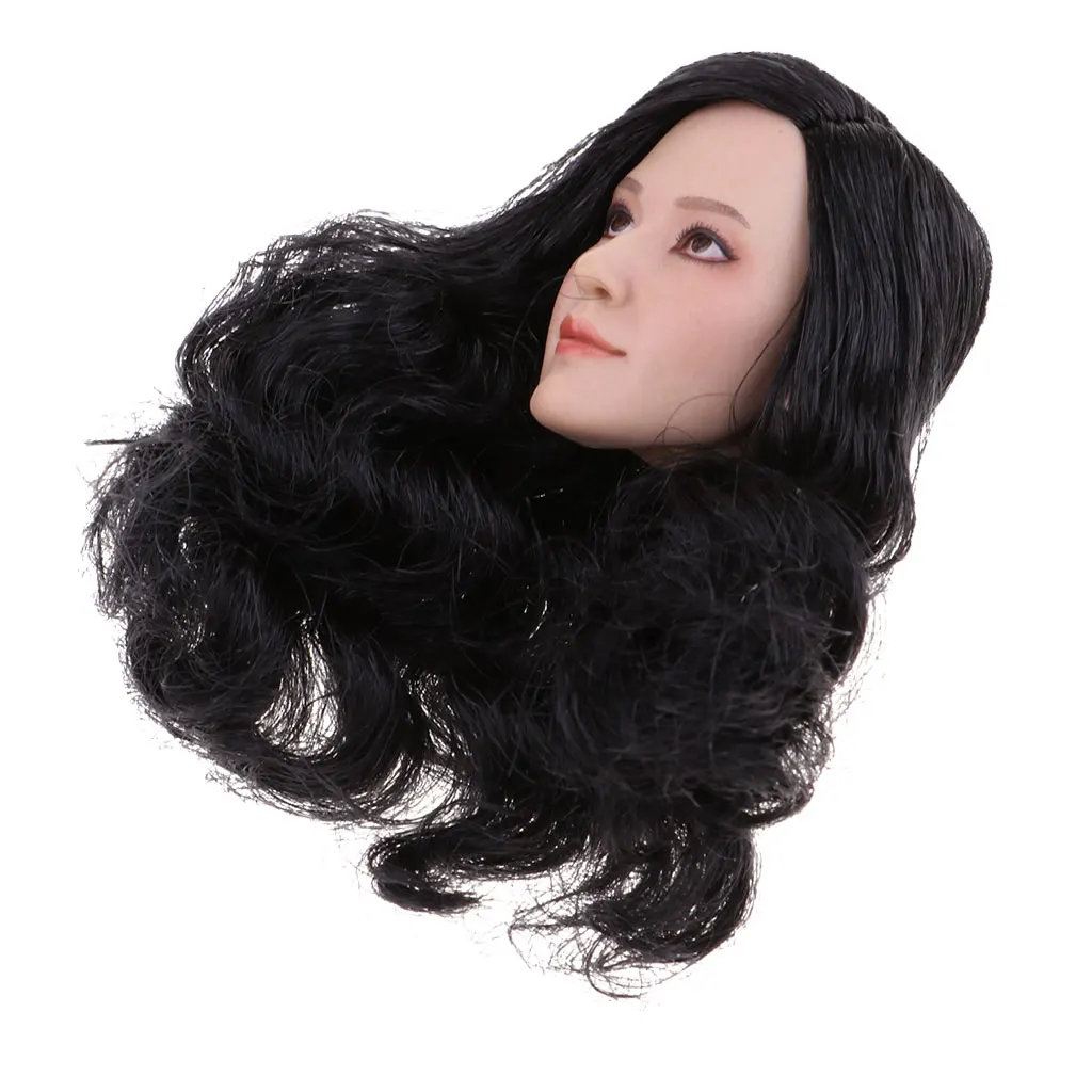 1/6 Female Head Sculpt Carved Model with Long Curly Hair for 12