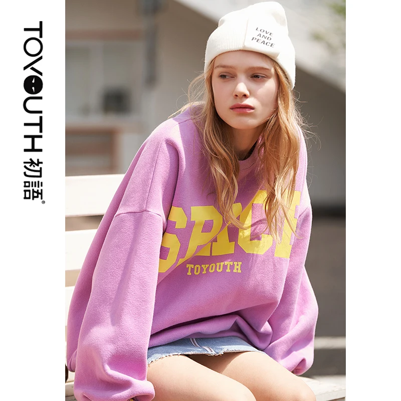 Toyouth Winter Pullover Sweatshirts Womens Harajuku Oversized Sweatshirt Loose O Neck Long Sleeve L
