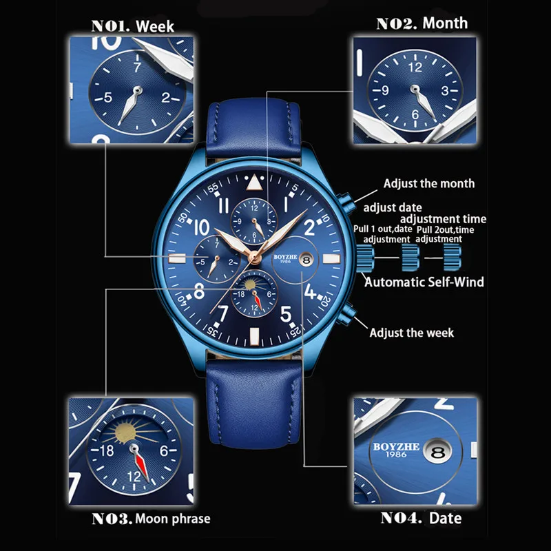 BOYZHE Роскошные Брендовые мужские автоматические механические Moon Phase часы