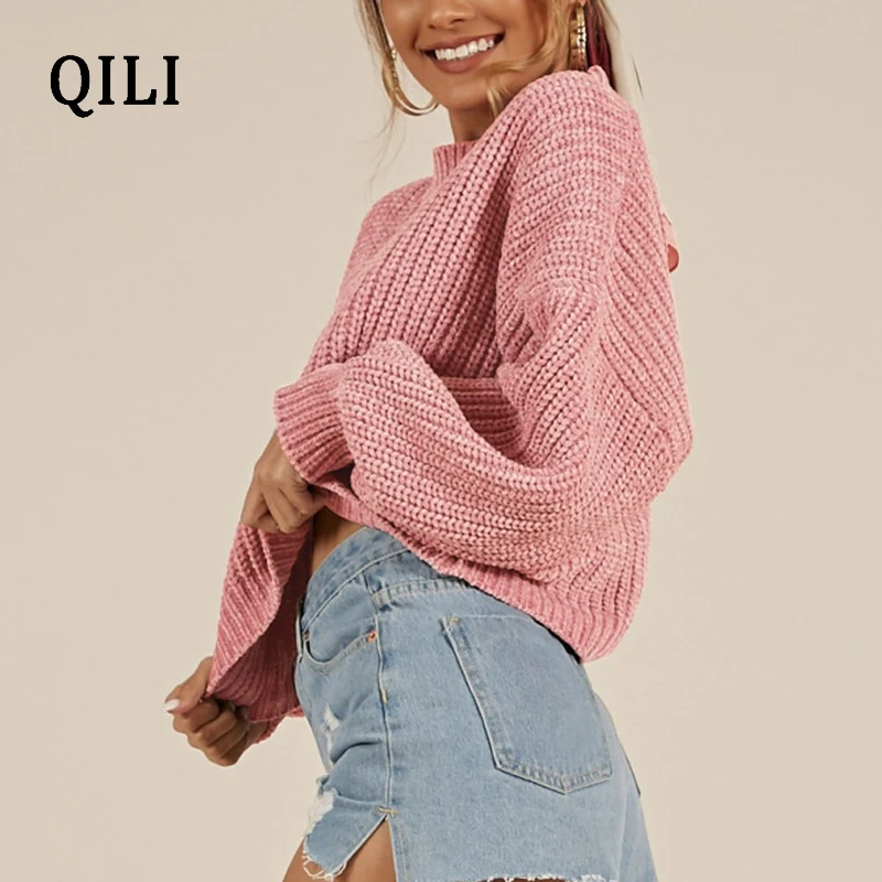 QILI Women Loose Pullovers Sweater O Neck Long Sleeve Solid Tops Knitted Sweaters Autumn Winter Womens Casual Fashion Sweater