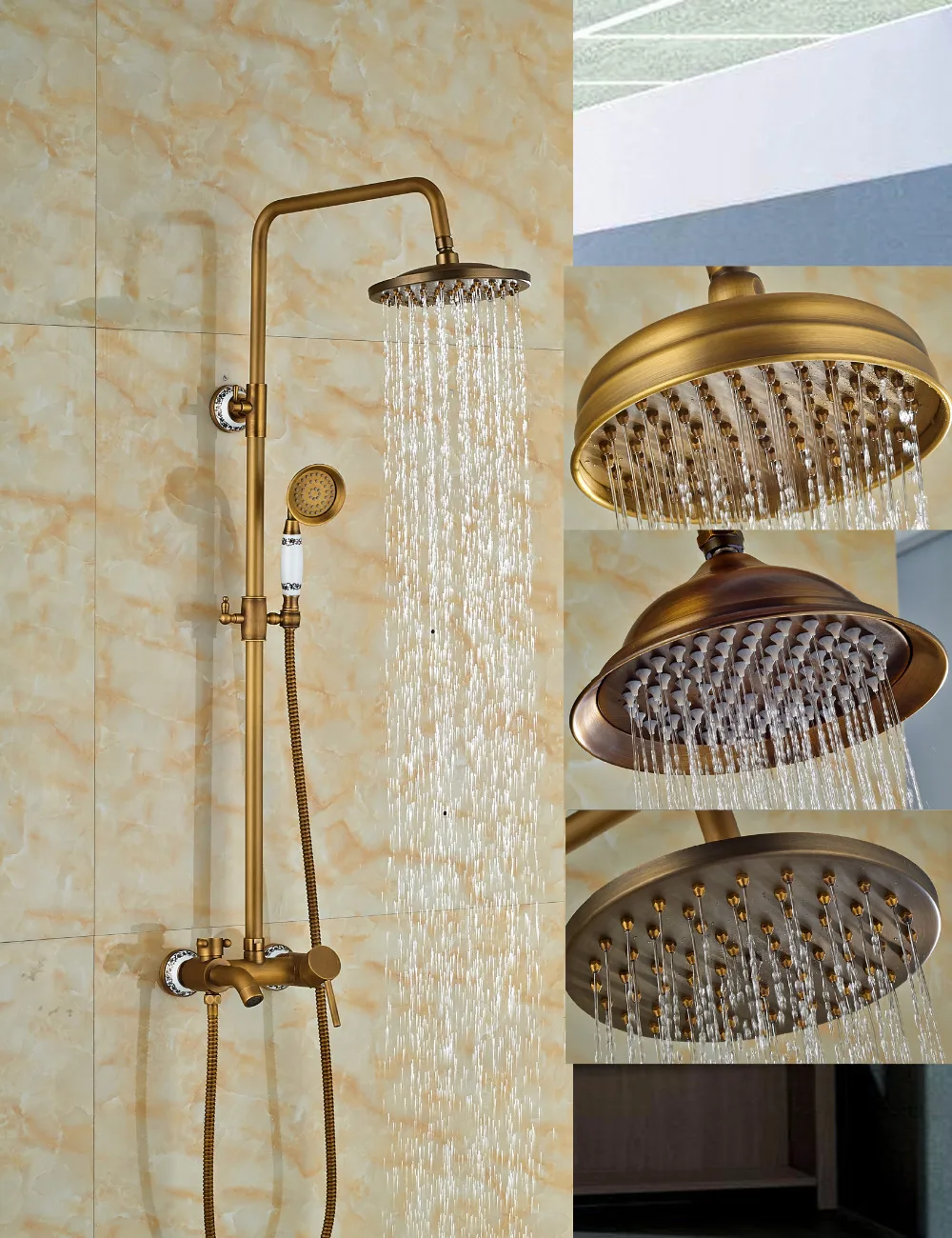 Wholesale And Retail Antique Brass Wall Mounted 8" Rain Shower Faucet