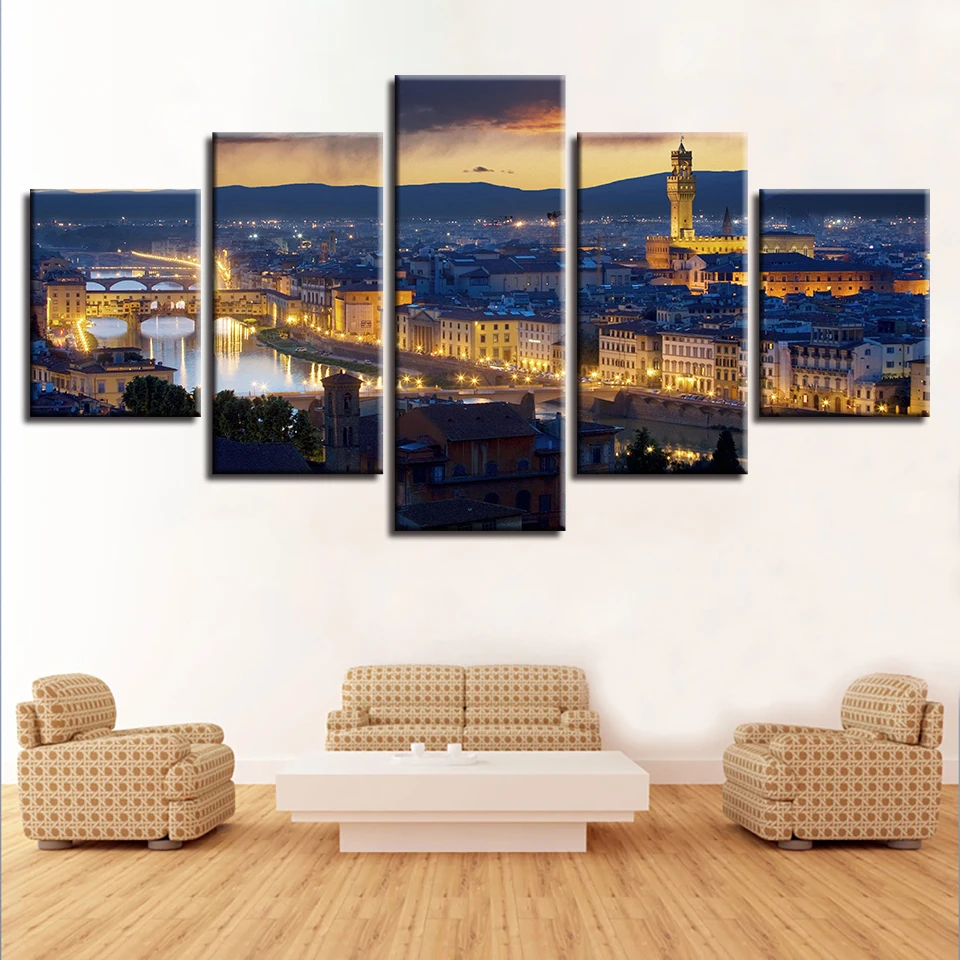 Modern Cuadros Decoration Canvas Art 5 Panel Building Night View Painting Modular Picture Framework Wall For Living Room