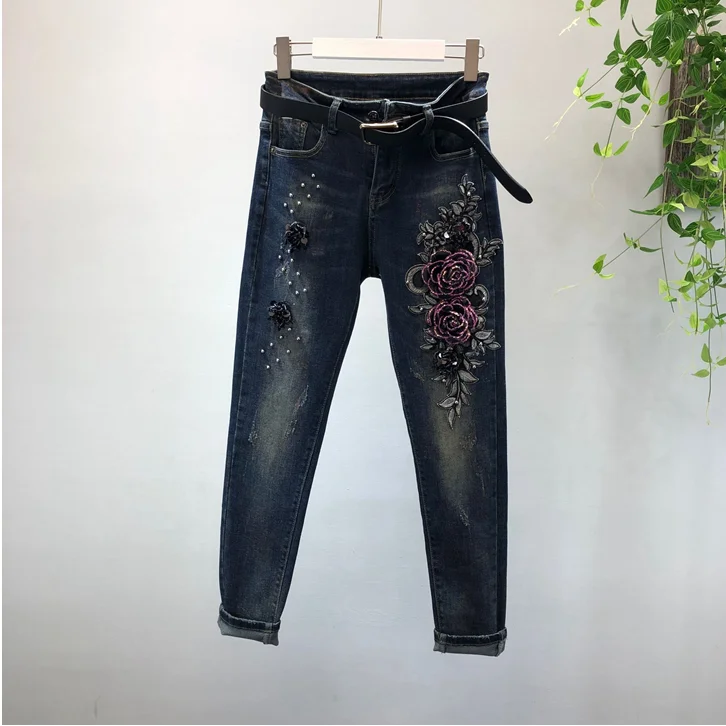 2019 Spring Autumn Woman Long-sleeve Denim Jackets Embroidered Coat + Dark Blue Retro Jeans Two Piece Sets Slim Pencel Pants Set plus size pjs