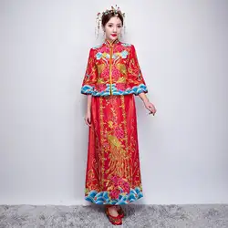 Древних брак костюм невесты Одежда Платье Традиционный китайский торжественное платье женские cheongsam вышивка феникс красный Qipao