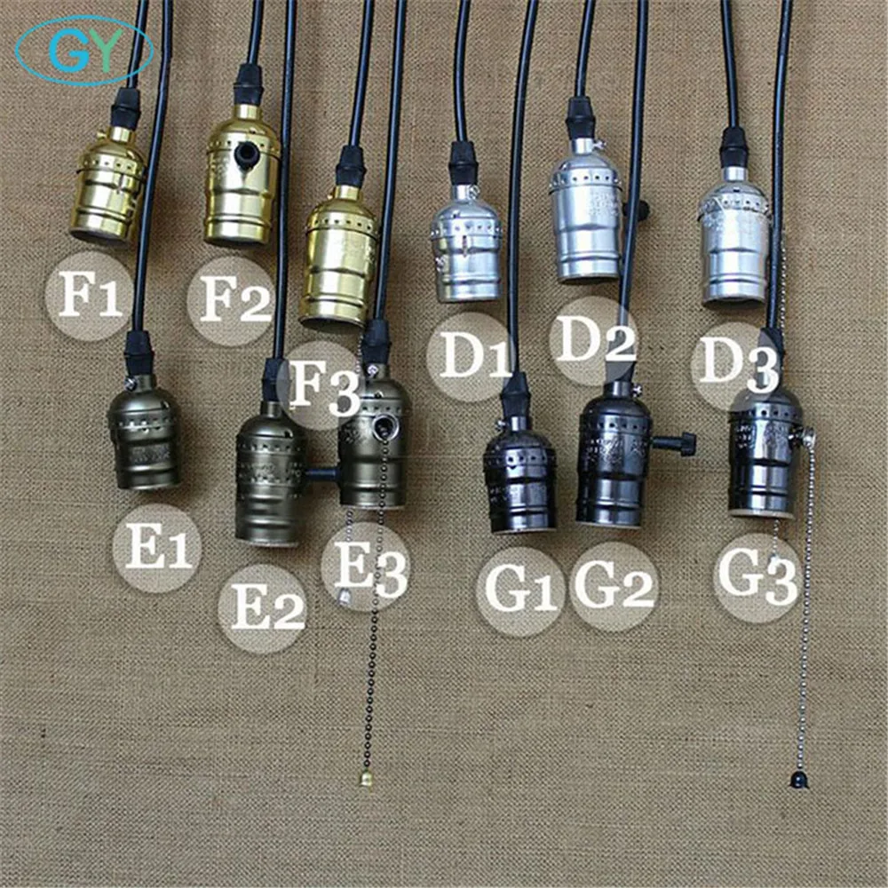 Винтажный подвесной светильник с цоколем E27, винтовой держатель для лампы с регулируемым проводом и навесом, ручка переключателя, Тяговая цепь, Подвесная лампа
