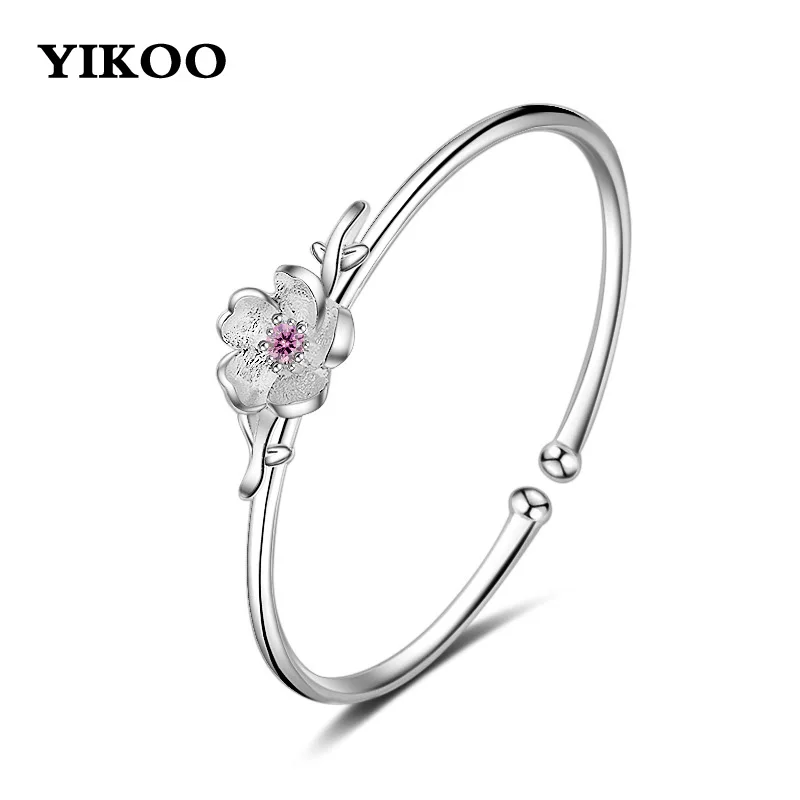 Fashion Trendy Open 925 Silver Flower Bracelets Bangles Stainless Steel Pulsera Jewelry Pulseiras Femininas Birthday Gift | Украшения и